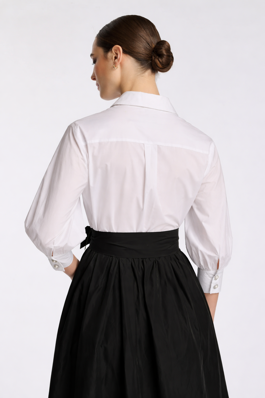 Black and white polished shirt midi dress with custom jewel buttons