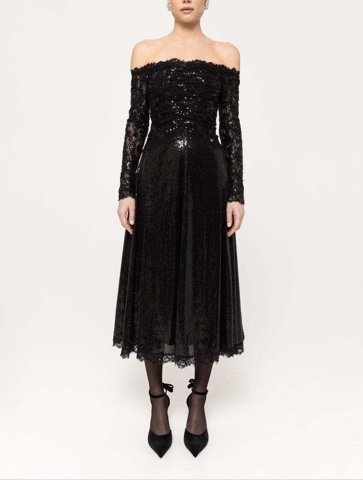 Black Off-Shoulder Sequins Embellished Lace Midi Dress with fully sequined bodice and sleeves, A‑line sequin skirt and scalloped hem.