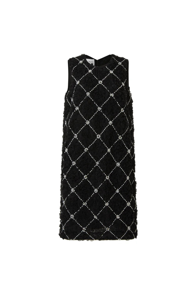 Black Sleeveless mini dress with crystal diamond lattice and textured rosette surface.