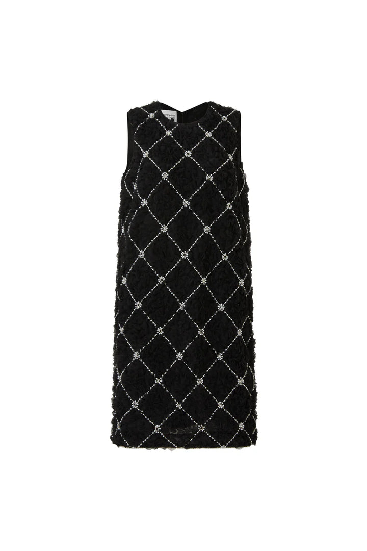 Black Sleeveless mini dress with crystal diamond lattice and textured rosette surface.