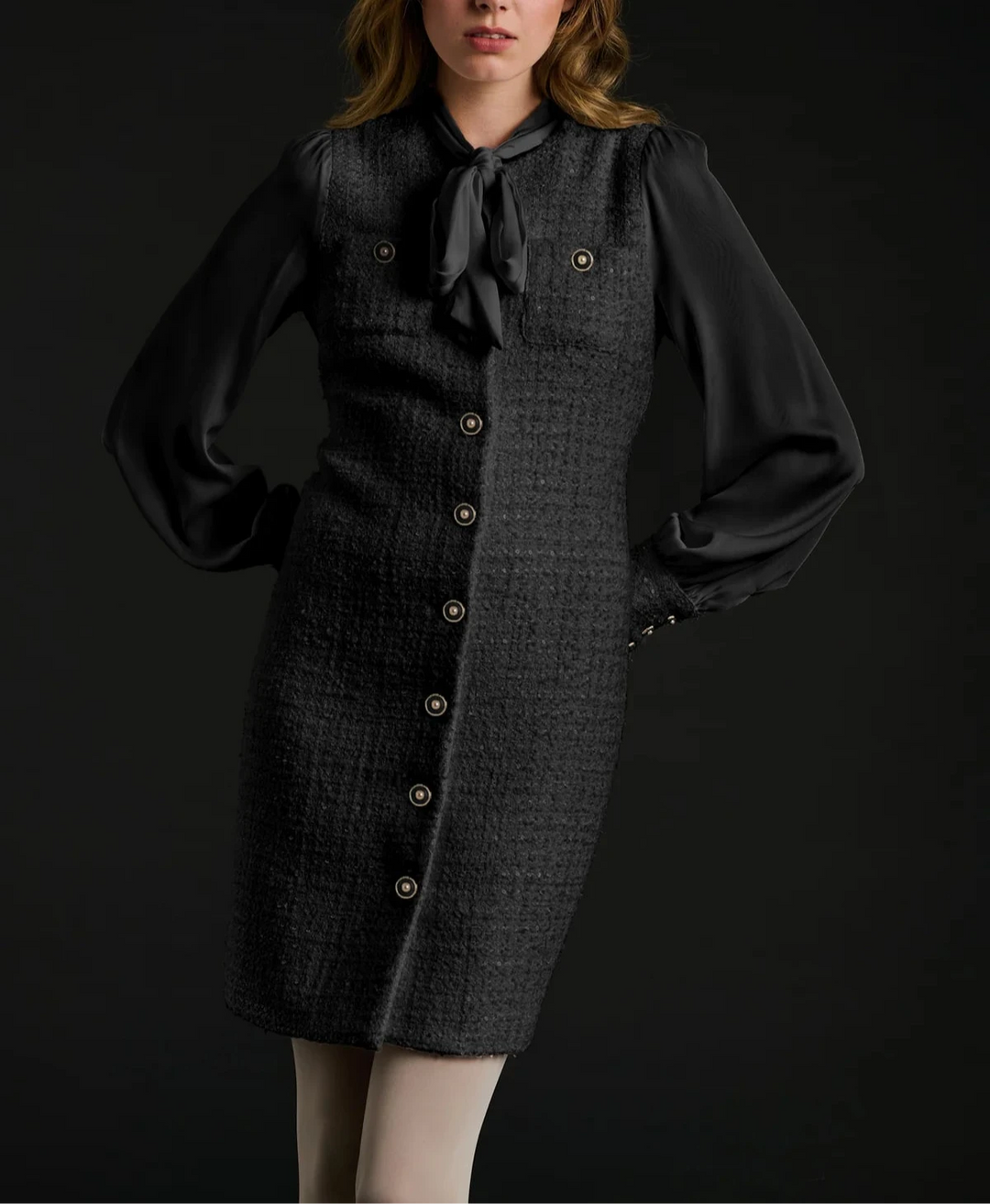 Black Pussy bow Tweed and Silk long sleeve with Weill Paris signature button