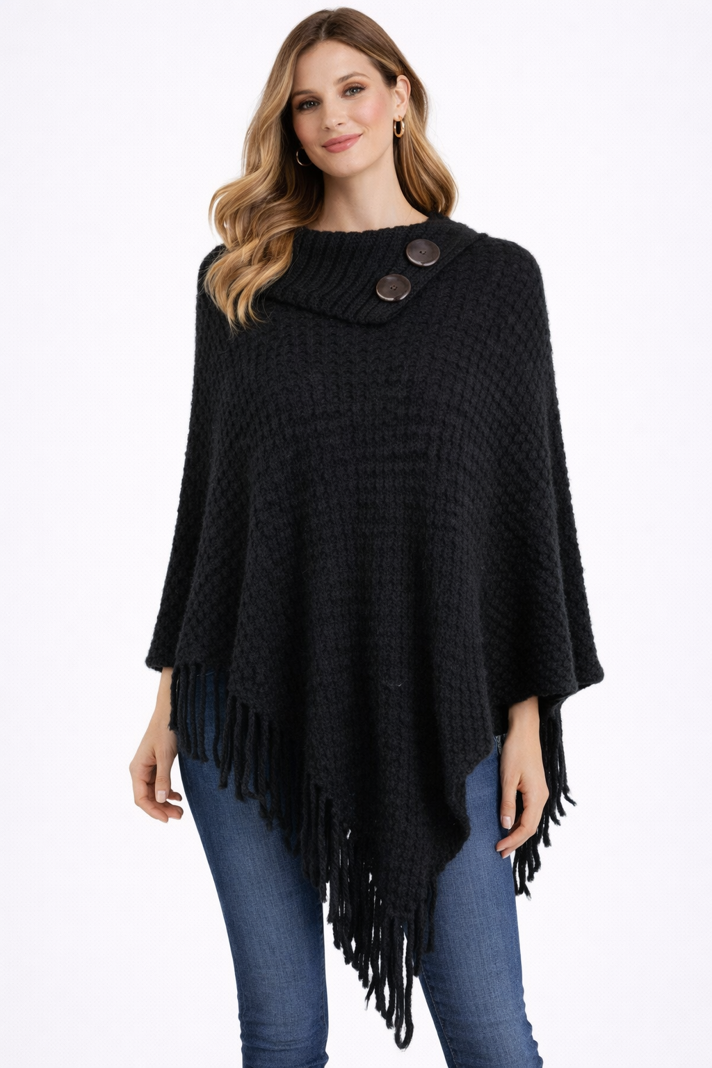 Classic Wool Button‑Collar Fringe Poncho