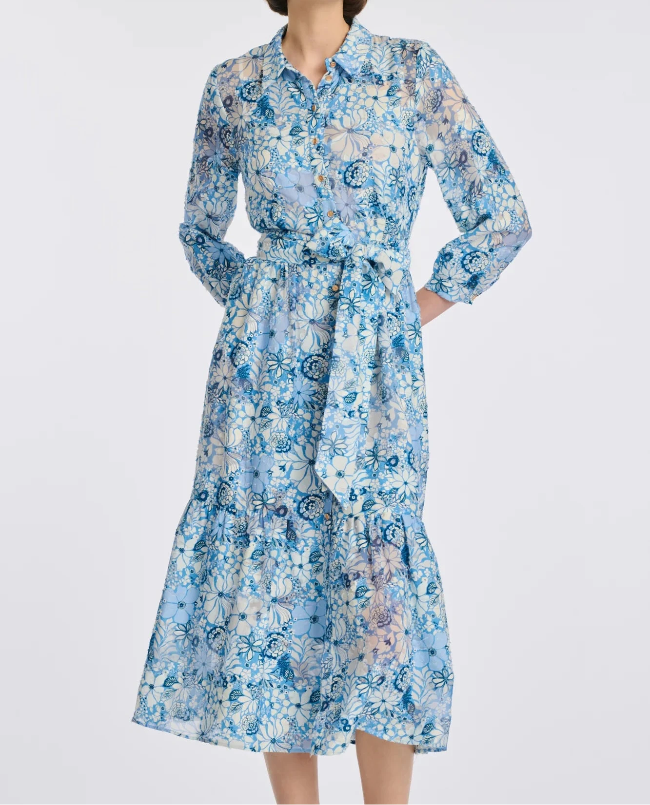 Blue floral silk and cotton midi shirt dress with removable belt on model