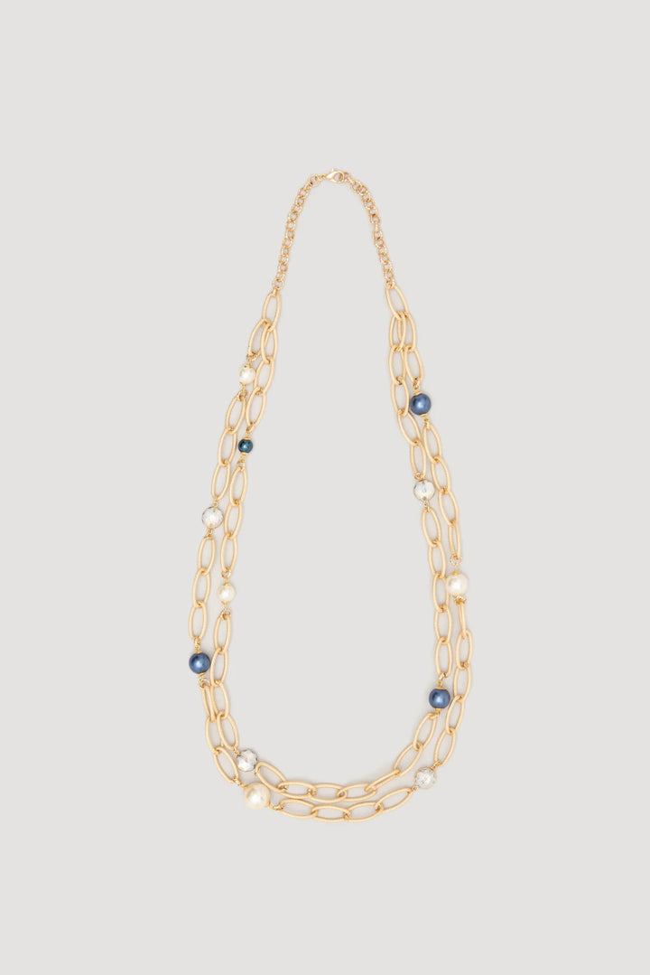Long double chain necklace with red and blue pearls by WEILL