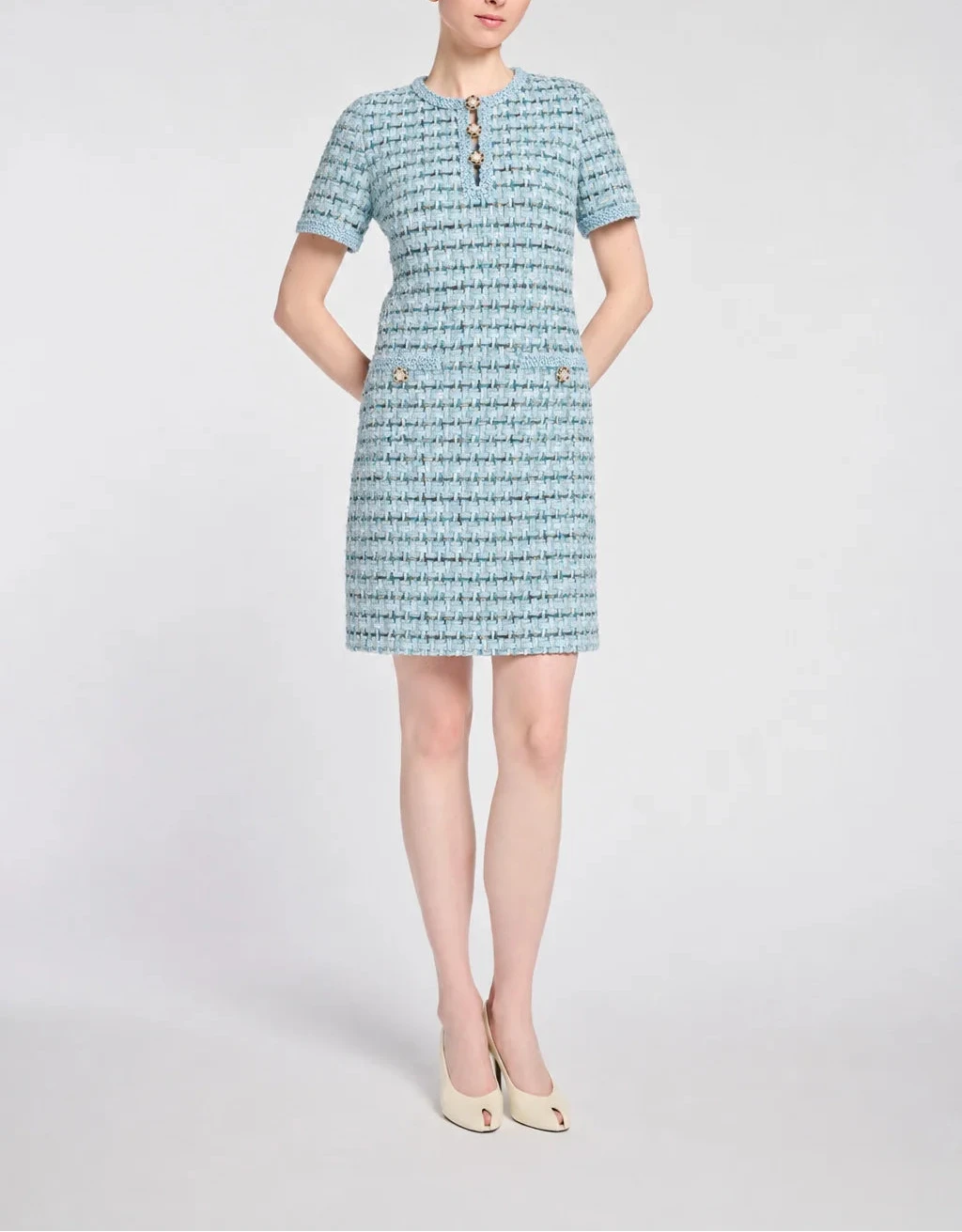 Weill Paris light blue tweed dress with short sleeves, jeweled buttons and two patch pockets, front view.