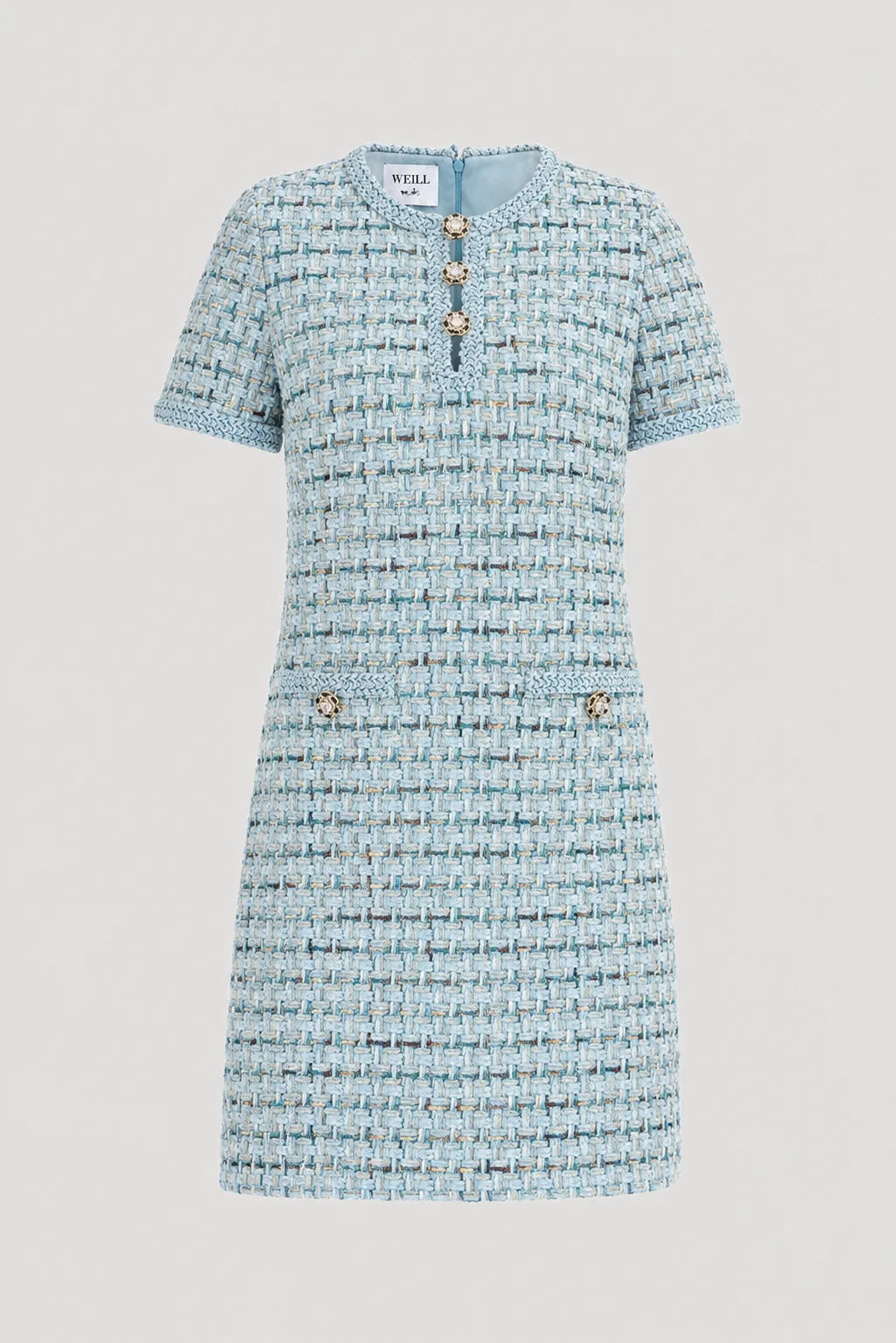 Weill Paris blue multicolor tweed dress displayed without a model, with jeweled buttons, braided trim and patch pockets.
