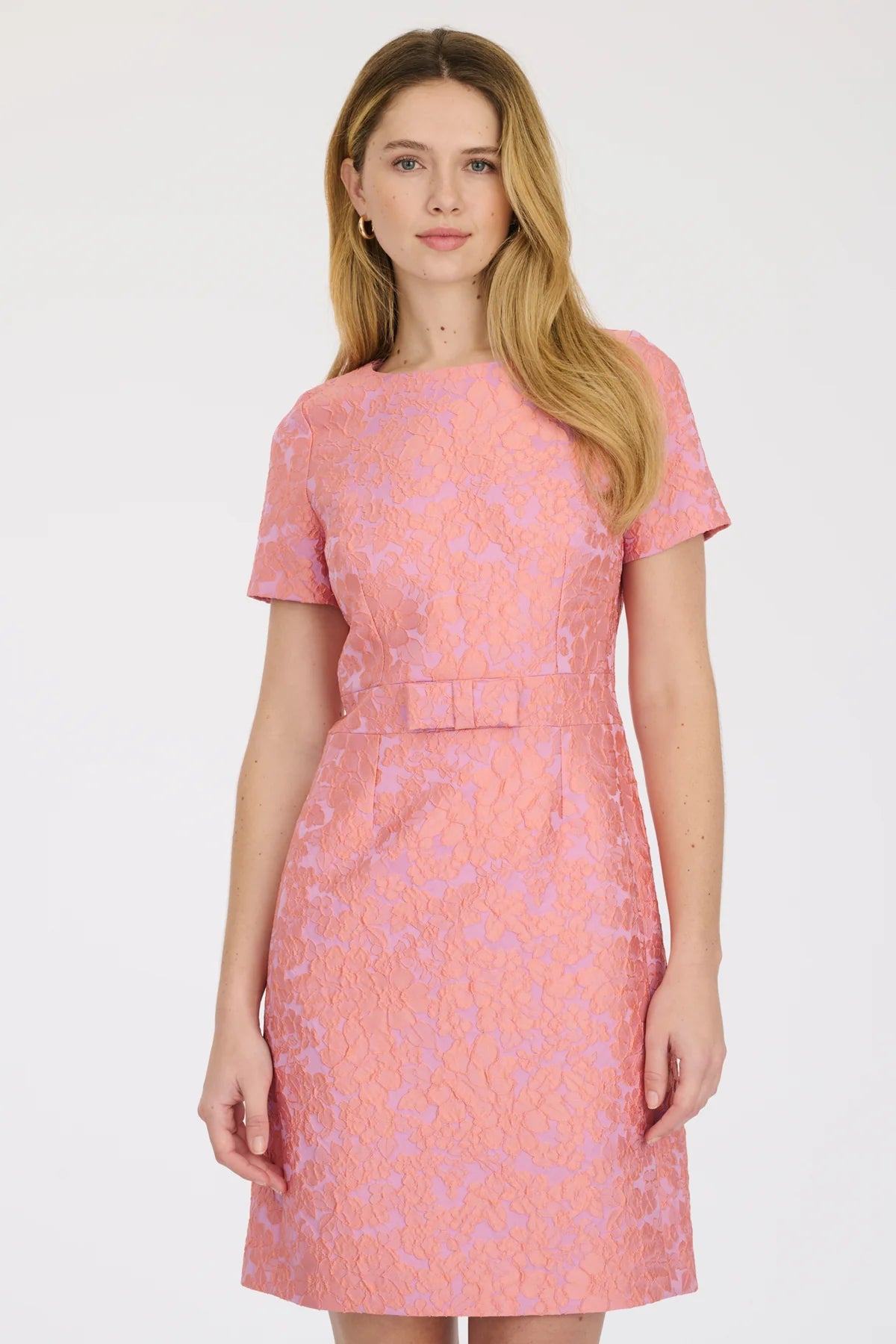 Weill Paris blush pink lace dress with short sleeves and fitted waist
