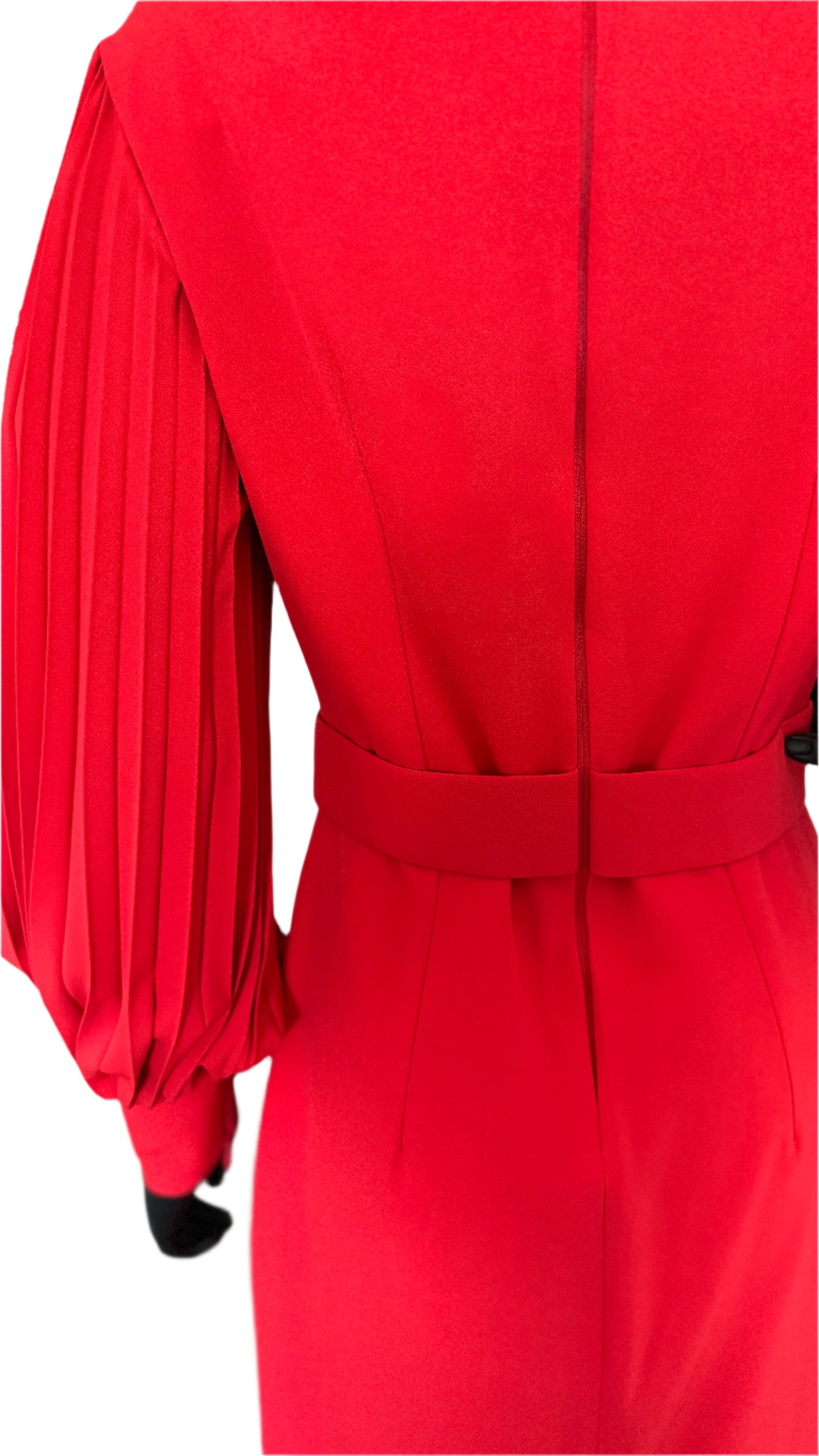 Bold Elegance Red Pleated Belted Midi Dress