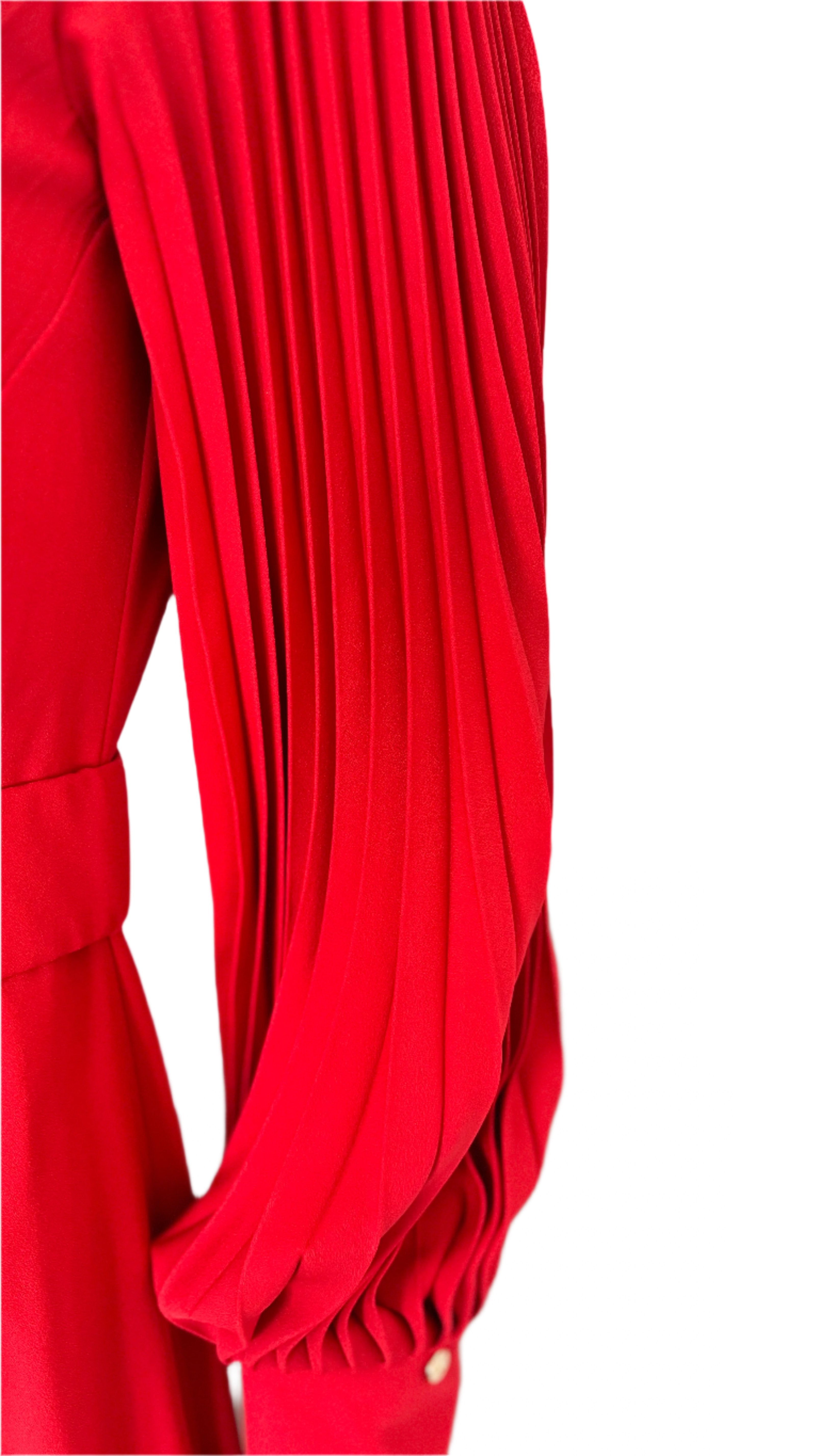 Bold Elegance Red Pleated Belted Midi Dress