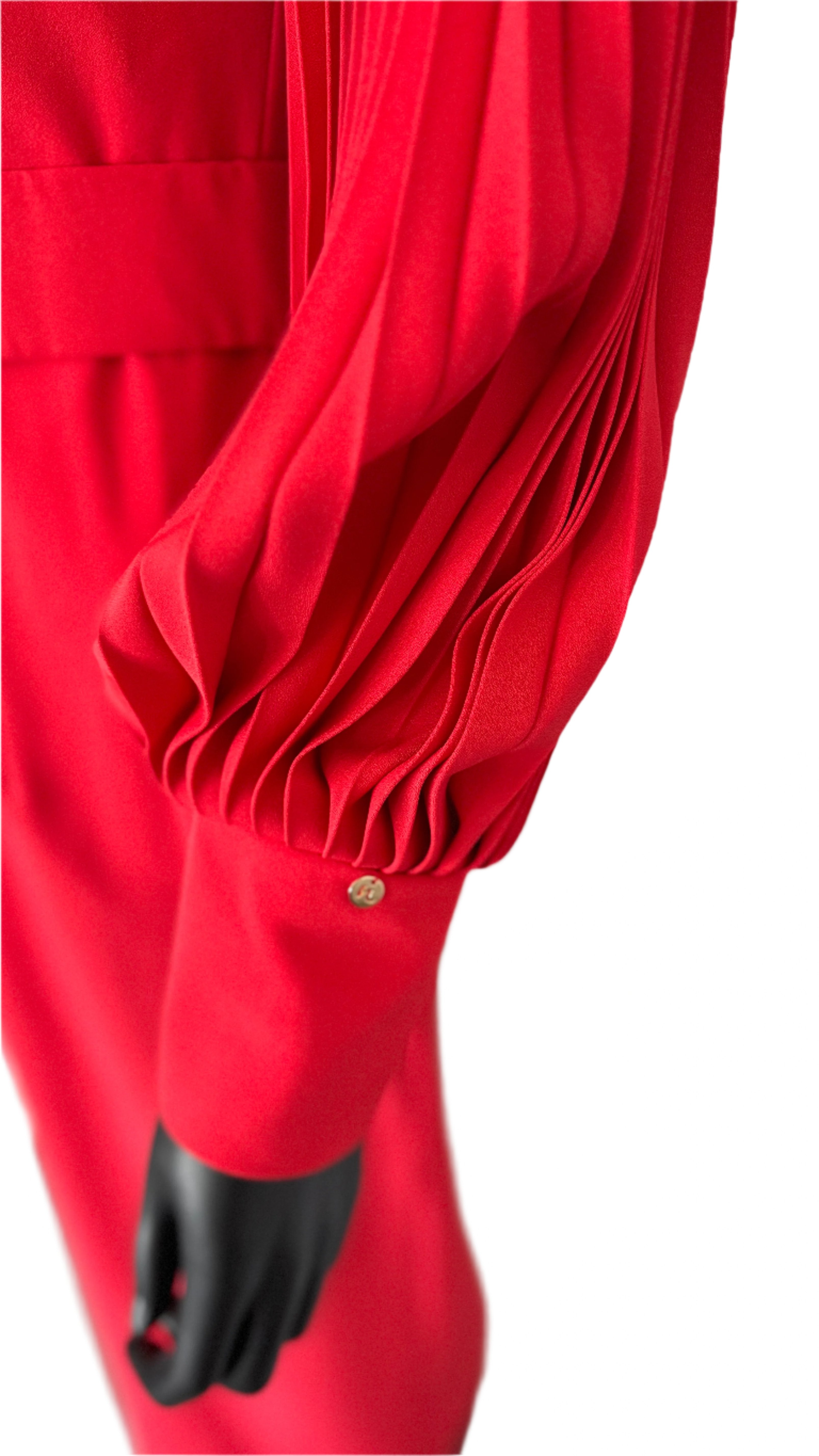 Bold Elegance Red Pleated Belted Midi Dress