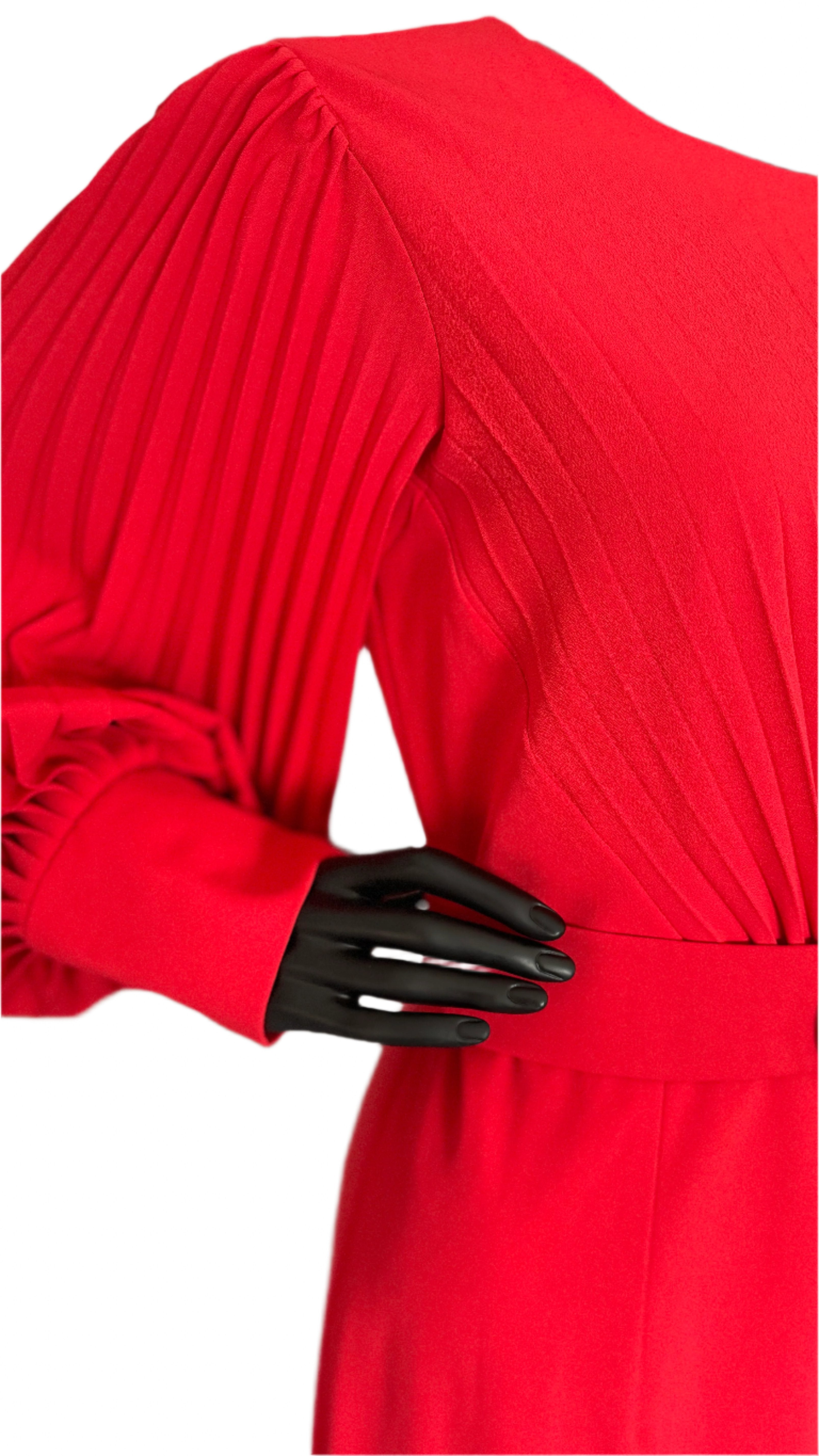 Bold Elegance Red Pleated Belted Midi Dress