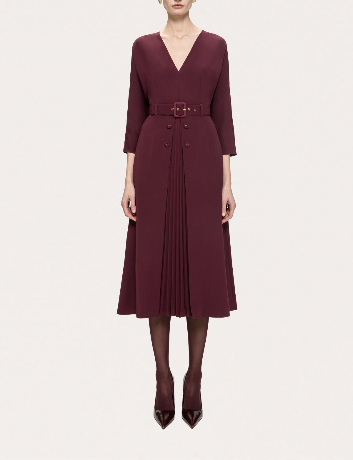 NISSA Bordeaux belted pleated midi dress with V-neck, three-quarter sleeves and an A-line skirt, front view.