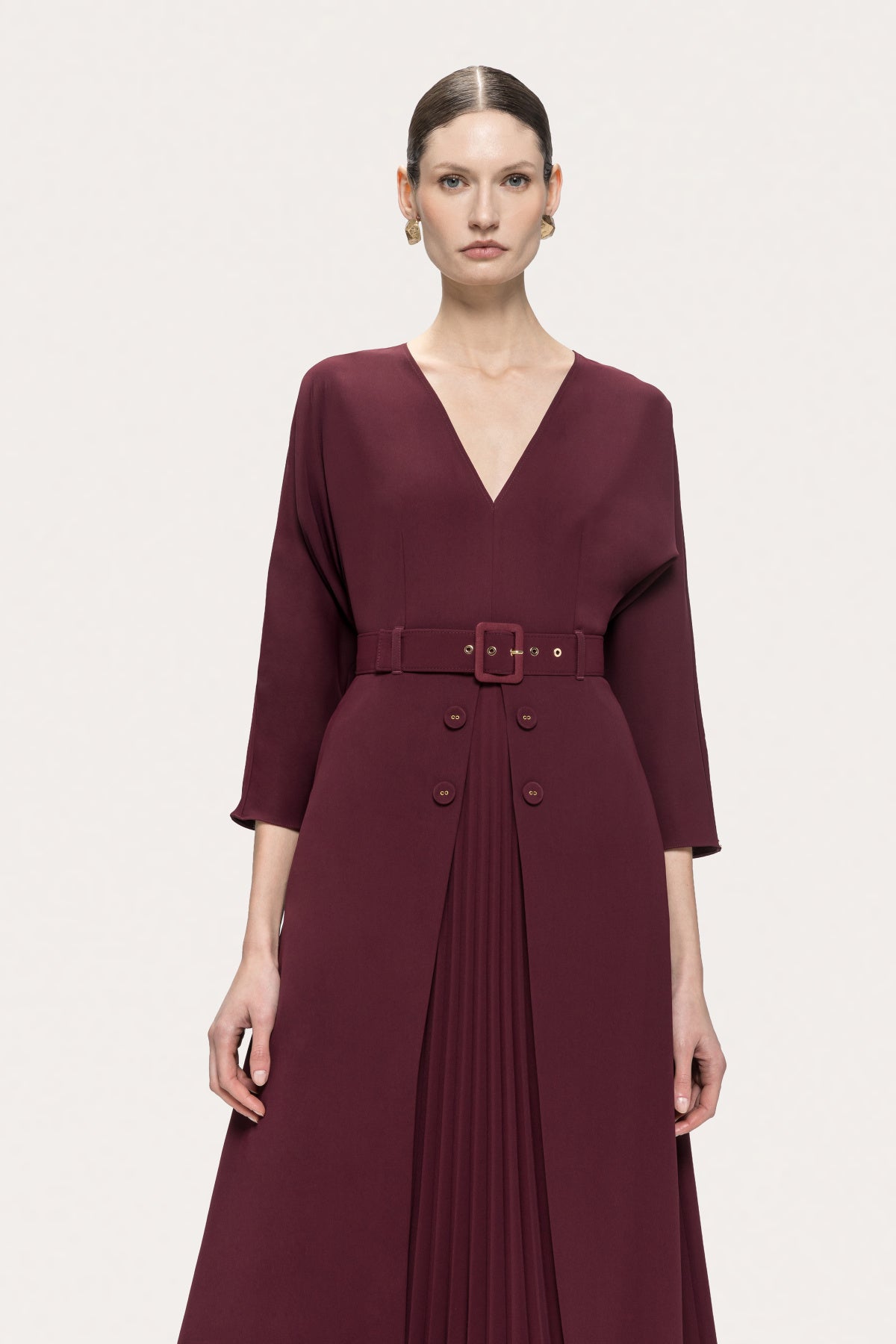 NISSA Bordeaux Belted Pleated Midi Dress