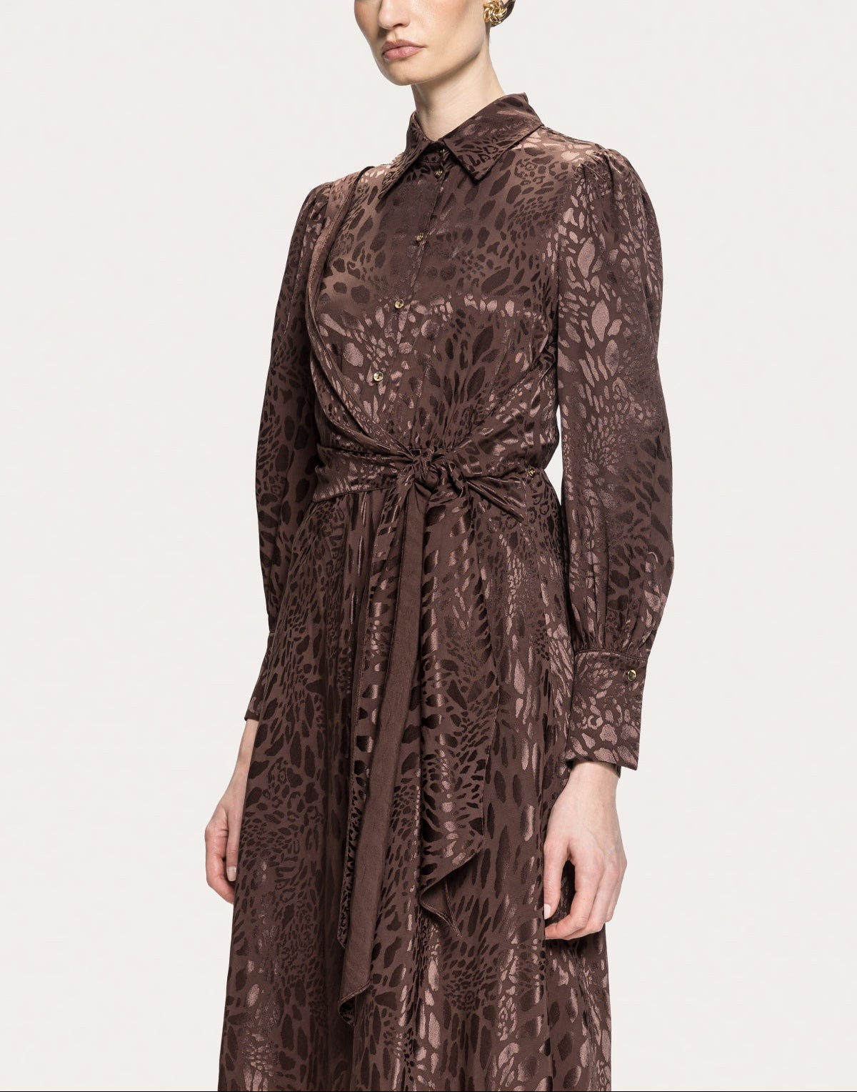 NISSA brown leopard print midi shirt dress with a pointed collar, long button-cuff sleeves and a draped waist tie.