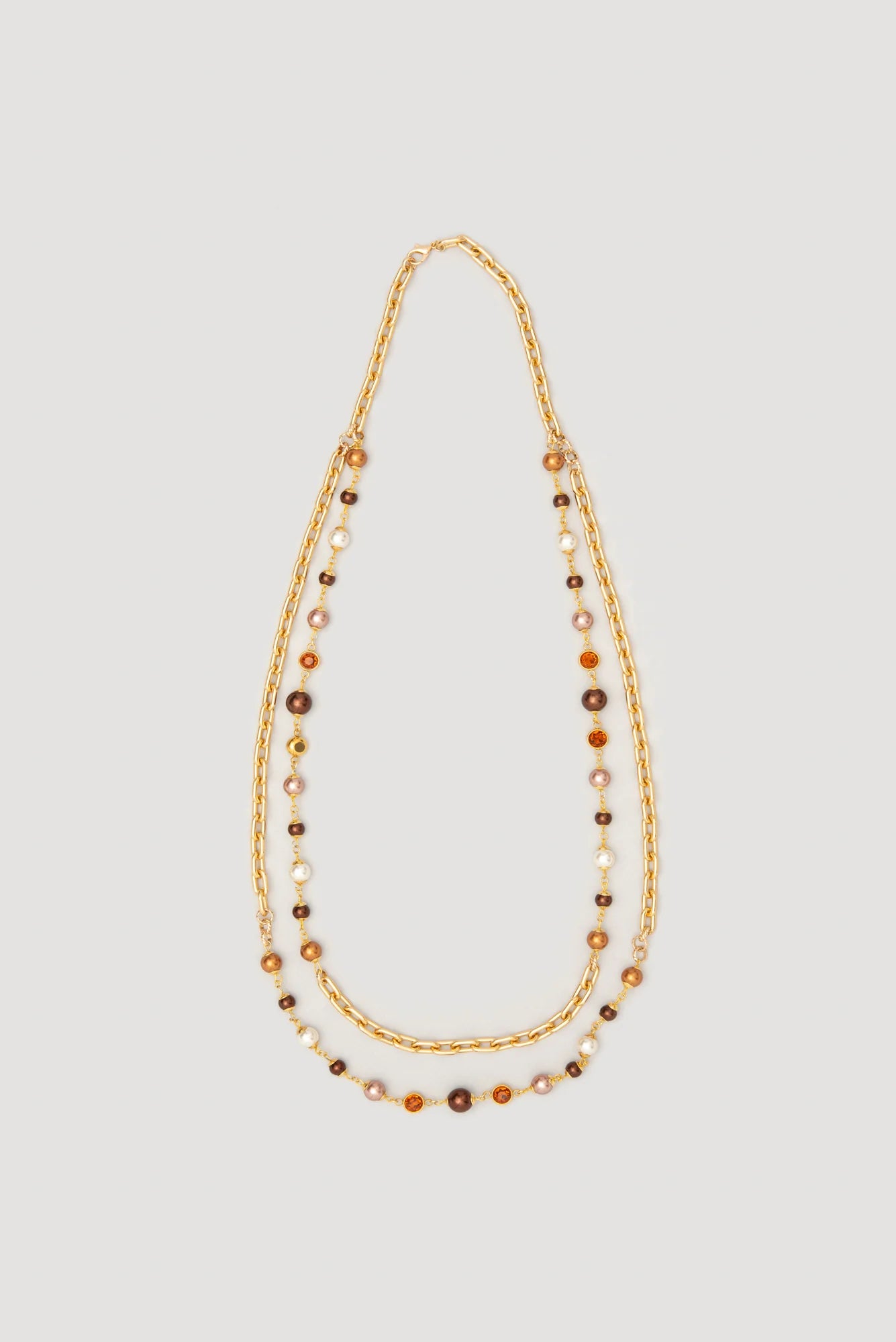 Gold-tone double chain necklace with pearl accents and brown beads by Weill Paris