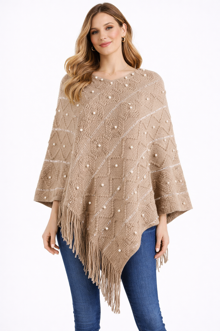 Women Poncho With Pearls & Fringes