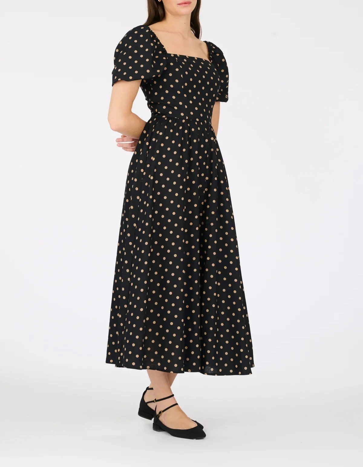 Beige midi cotton dress with black polka dots and short puff sleeves by WEILL