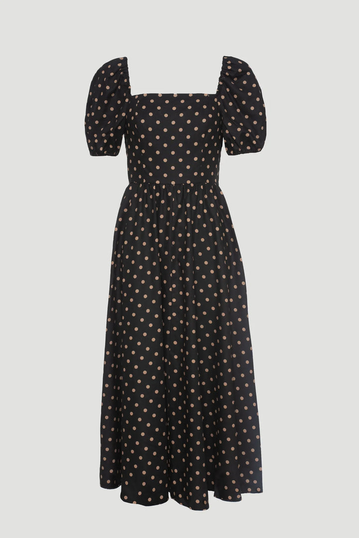 Flat lay of black polka dot midi dress with short puff sleeves and feminine silhouette