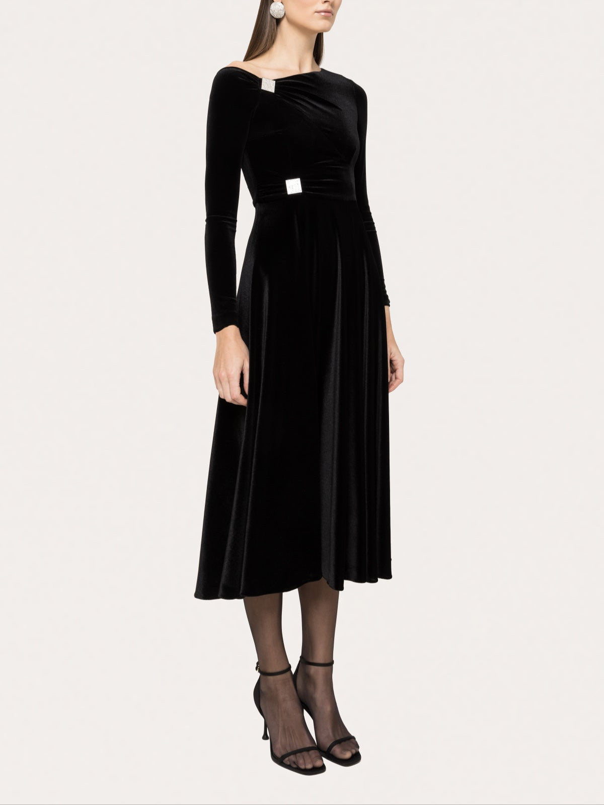 velvet fit‑and‑flare midi, asymmetric neckline, crystal shoulder and waist