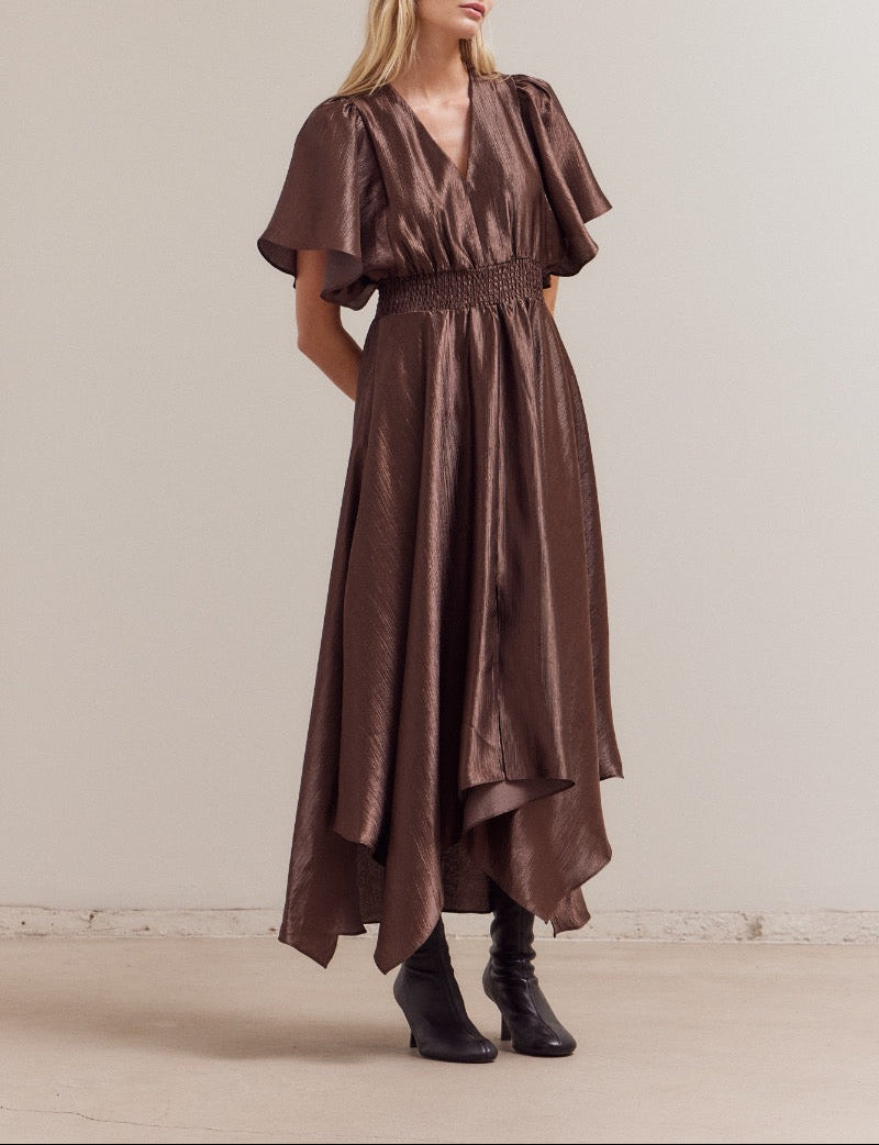 UNBALANCED SKIRT WRINKLE SATIN MAXI DRESS