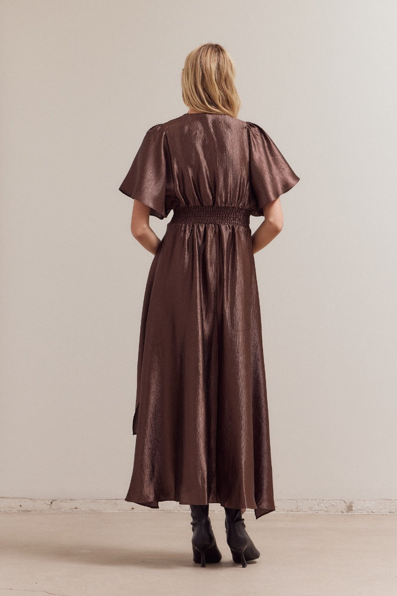 UNBALANCED SKIRT WRINKLE SATIN MAXI DRESS