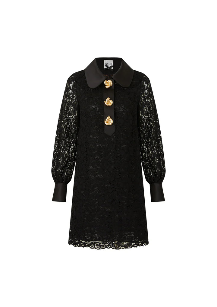 Black lace knee‑length shift with Peter Pan collar, gold button placket and long sleeves. An elegant LBD for cocktail parties, dinners and holiday events.