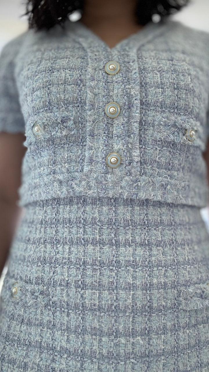 Elodie Riviera Bleu Pearl Button Tweed Dress