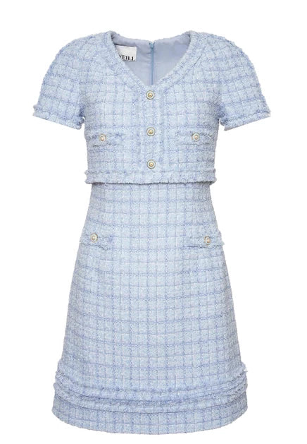 Elodie Riviera Blue Pearl Button Tweed Dress by Weill Paris – short sleeve, V-neck, fitted bodice, A-line skirt, classic French style