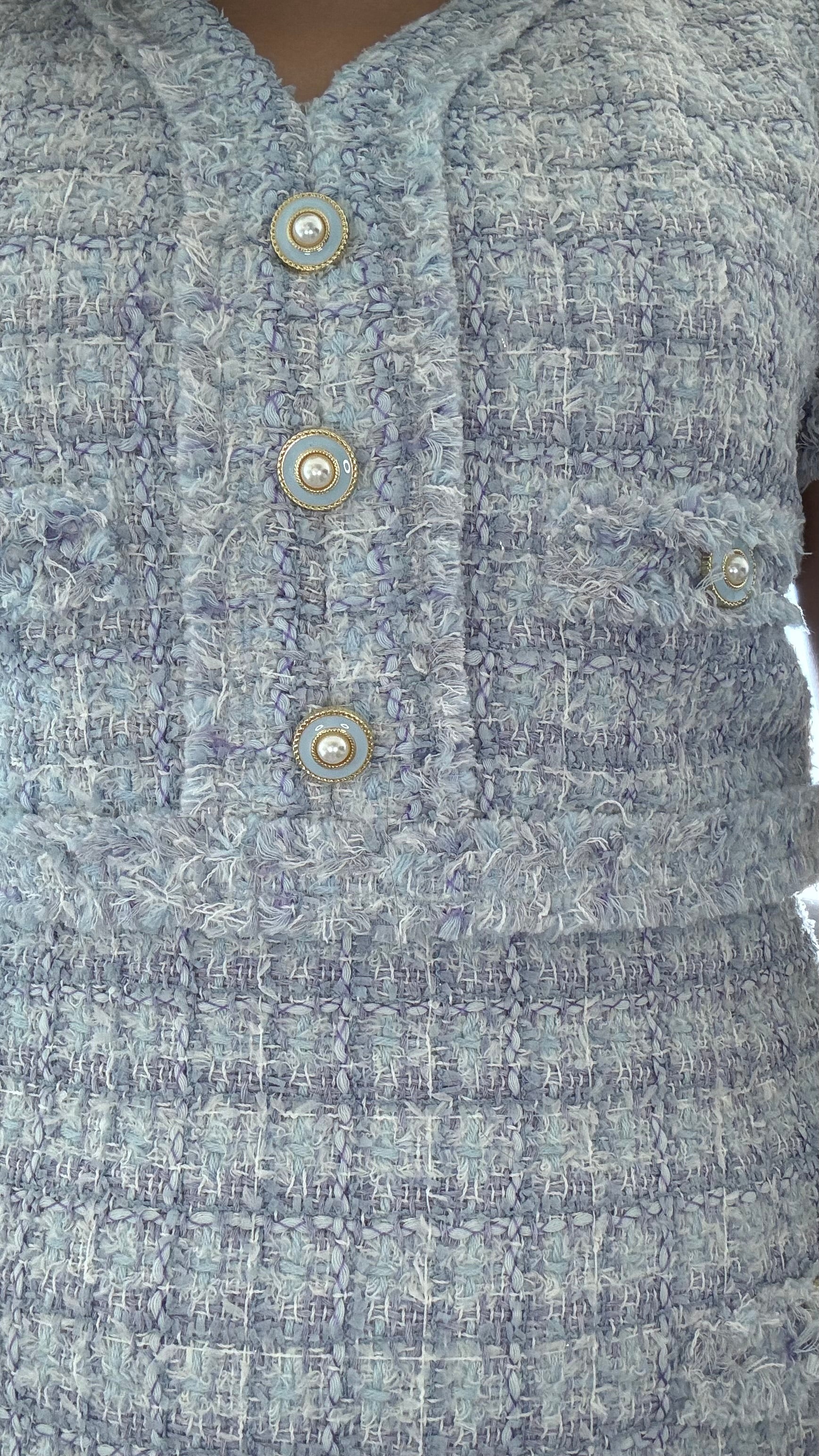 Light blue A-line tweed dress with pearl buttons by WEILL, knee-length perfect for tea parties.