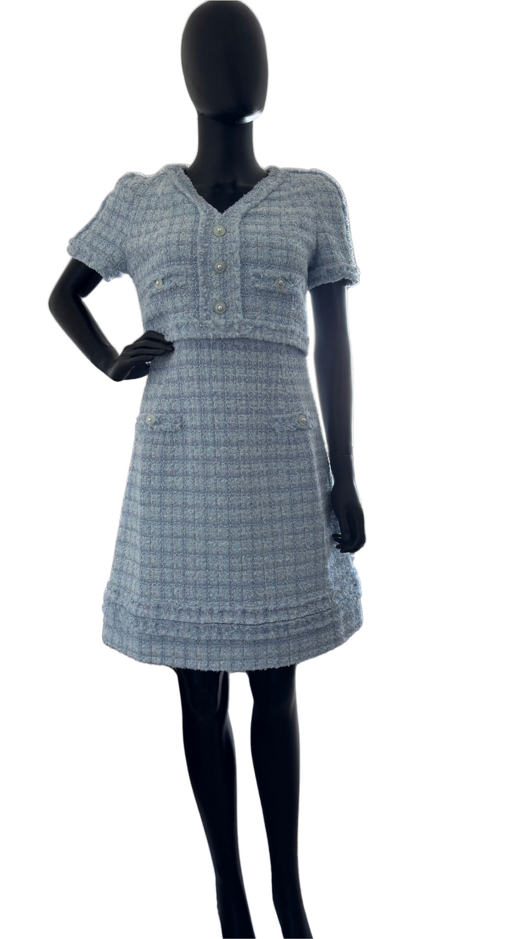 Elodie Riviera Bleu Pearl Button Tweed Dress