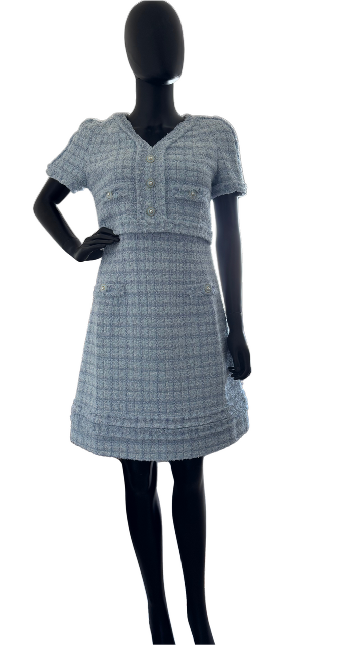 Elodie Riviera Bleu Pearl Button Tweed Dress