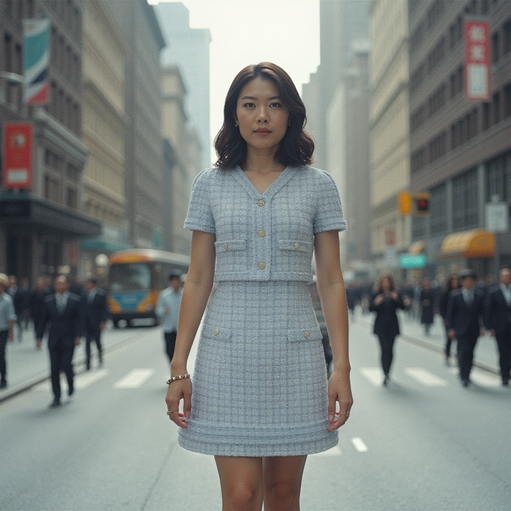Elodie Riviera Bleu Pearl Button Tweed Dress