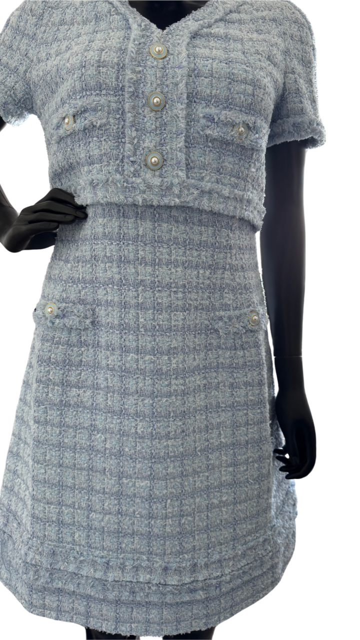 Elodie Riviera Bleu Pearl Button Tweed Dress