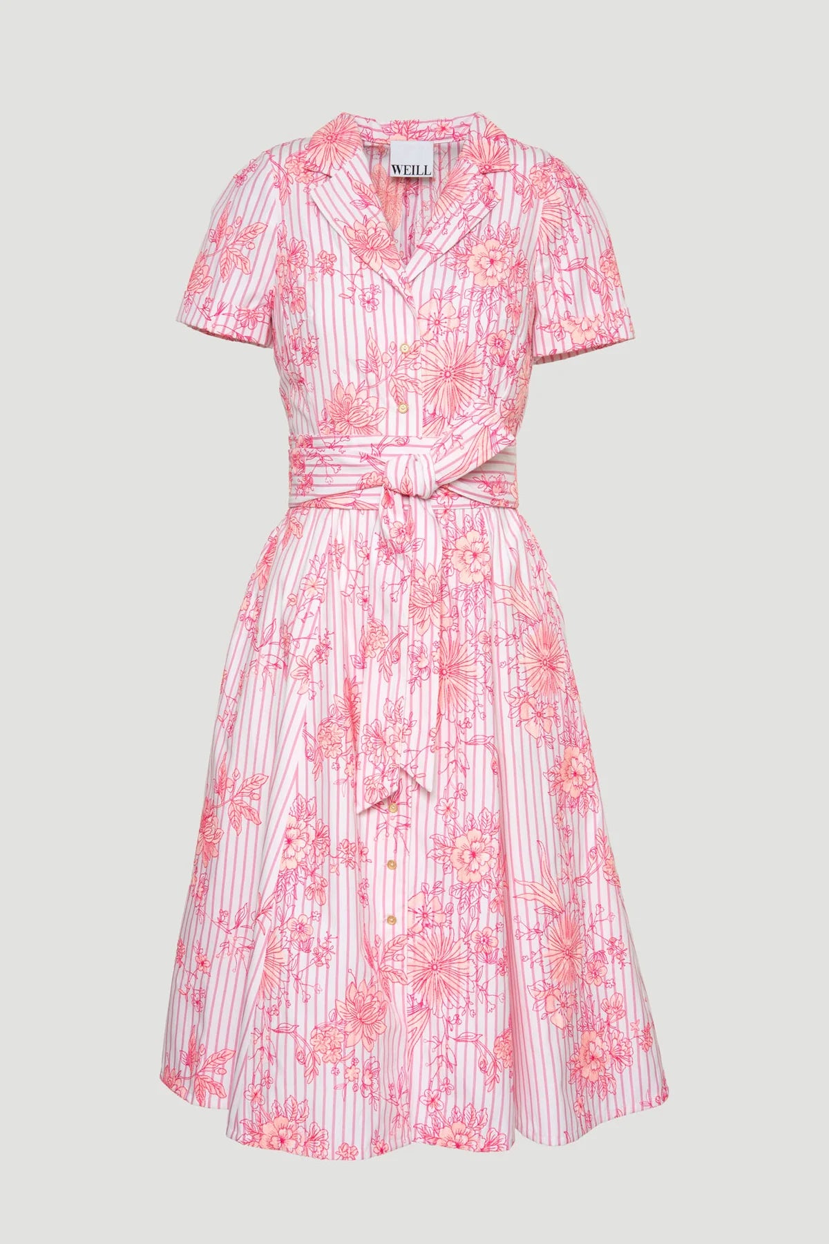 Pink embroidered midi shirt dress with floral detailing, tie waist, and short sleeves