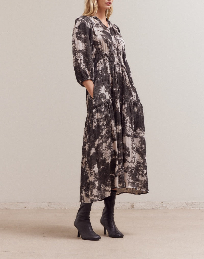 3/4 sleeve fawn printed midi dress by GRADE & GATHER, featuring a floral design and elegant silhouette.