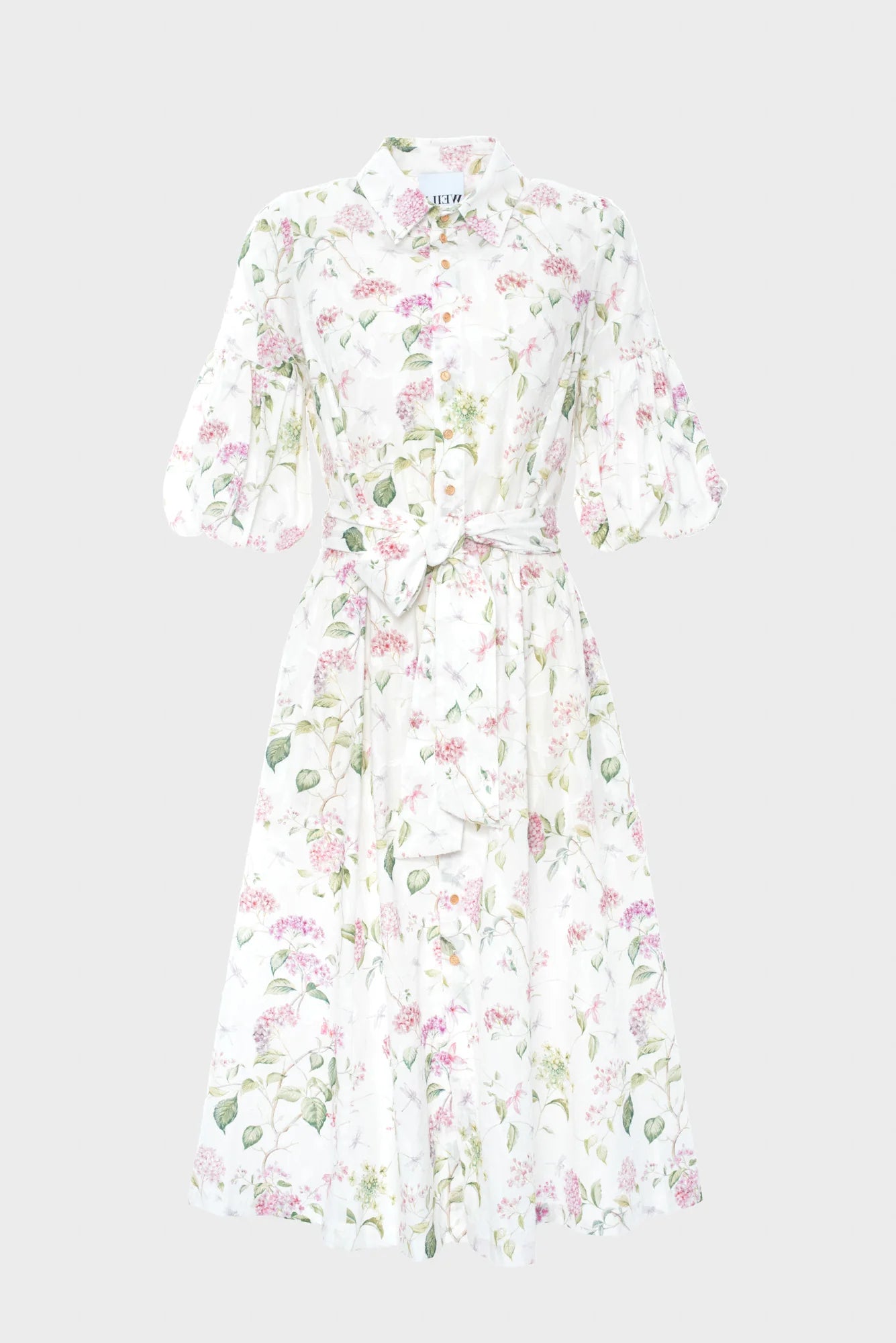 Ivory floral cotton midi shirt dress with puff sleeves, button front, and self-tie belt