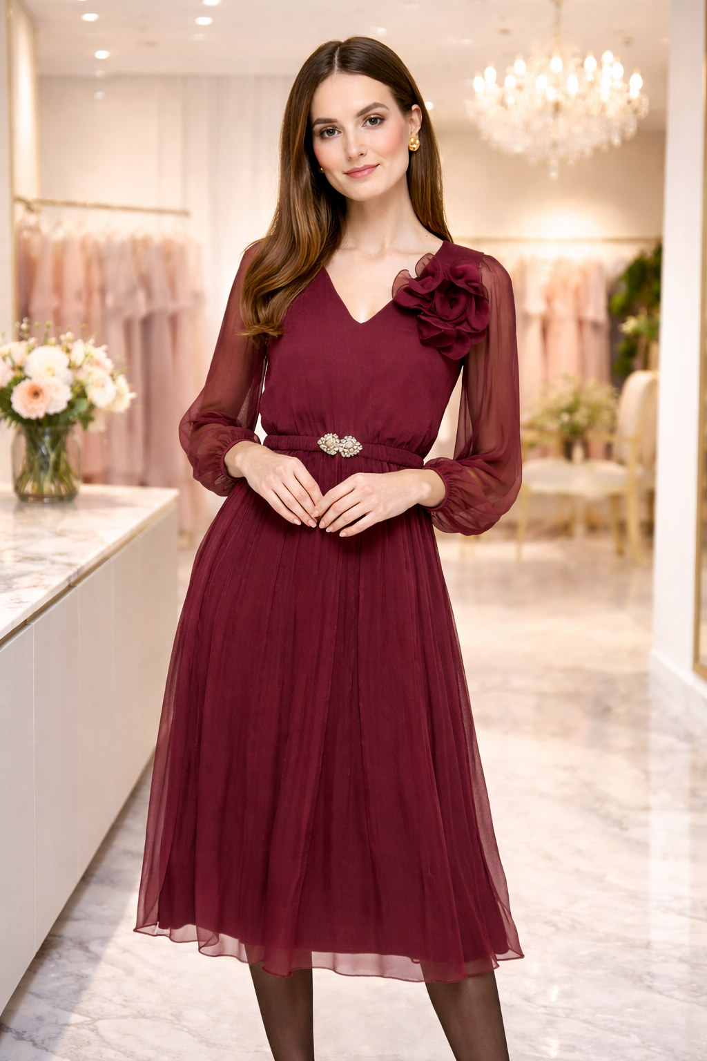 Burgundy Silk Midi Dress with 3D Floral Appliqué & Crystal Belt