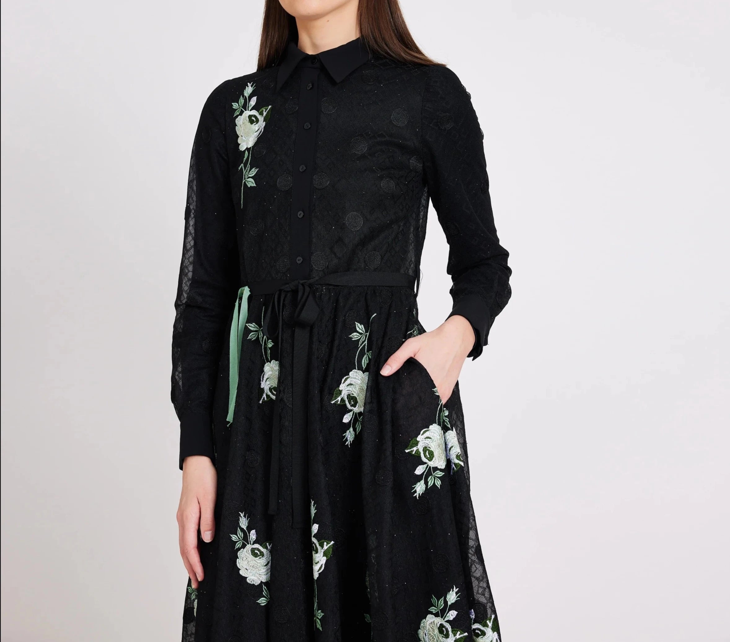 Green Flowers And Circles Embroidery Midi Dress