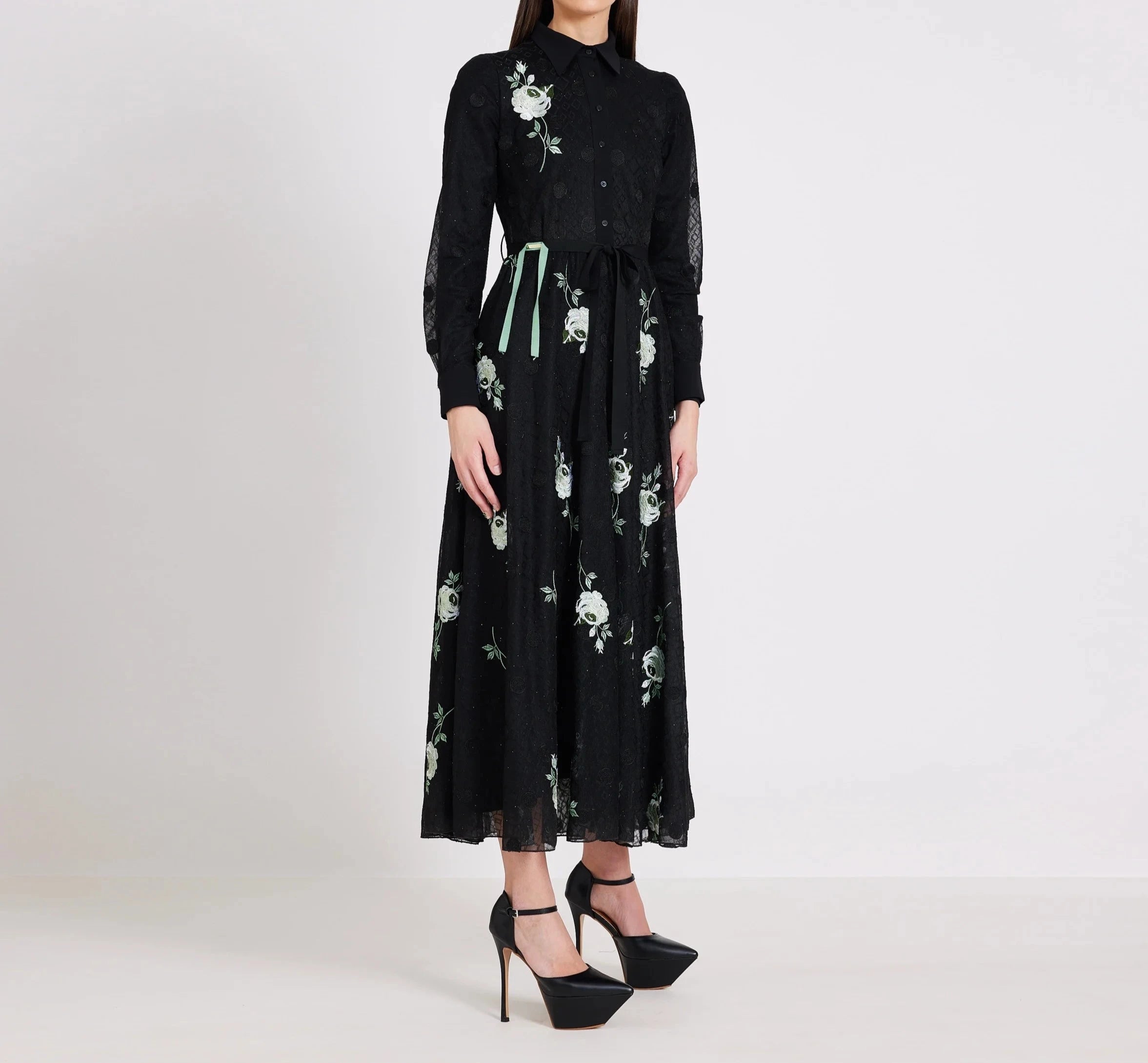 Green Flowers And Circles Embroidery Midi Dress