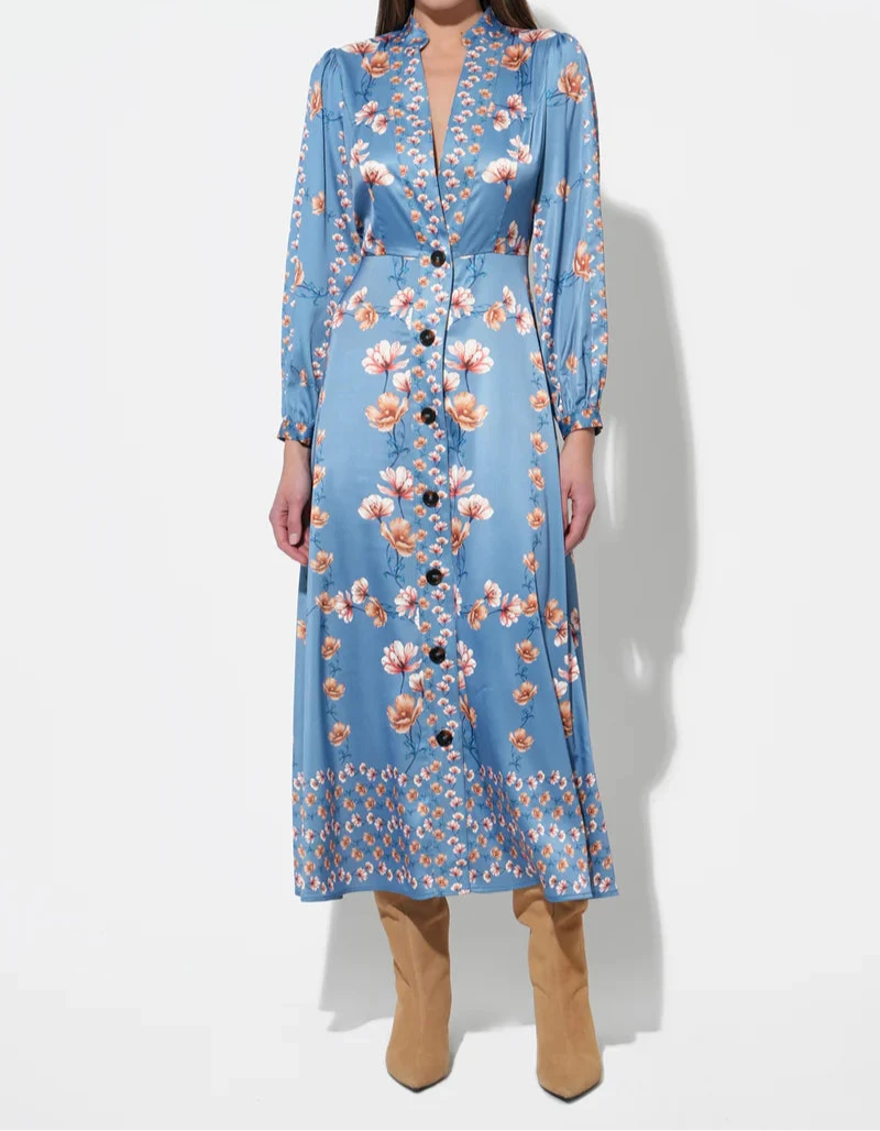 Haze blue midi floral dress with button front by Adelyn Rae