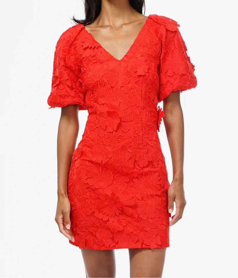 Red mini dress with puff sleeves and 3D floral lace embroidery by ADELYN RAE