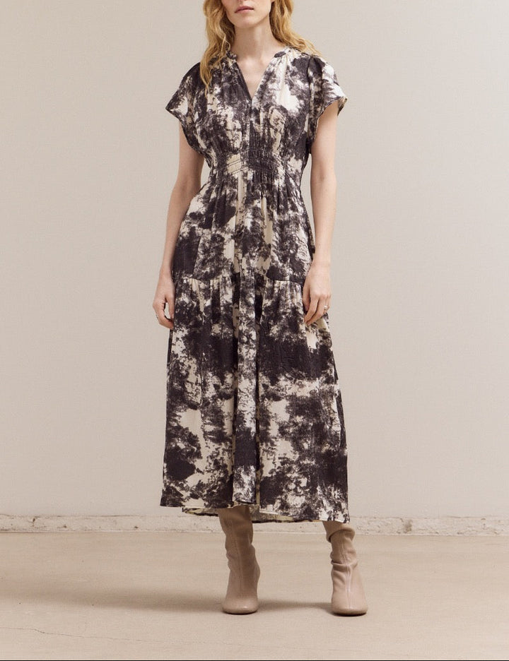 Ivory printed ruffle satin midi dress by Grade & Gather with cap sleeves and tiered skirt.