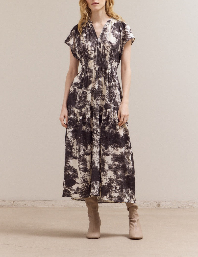 Ivory printed ruffle satin midi dress by Grade & Gather with cap sleeves and tiered skirt.