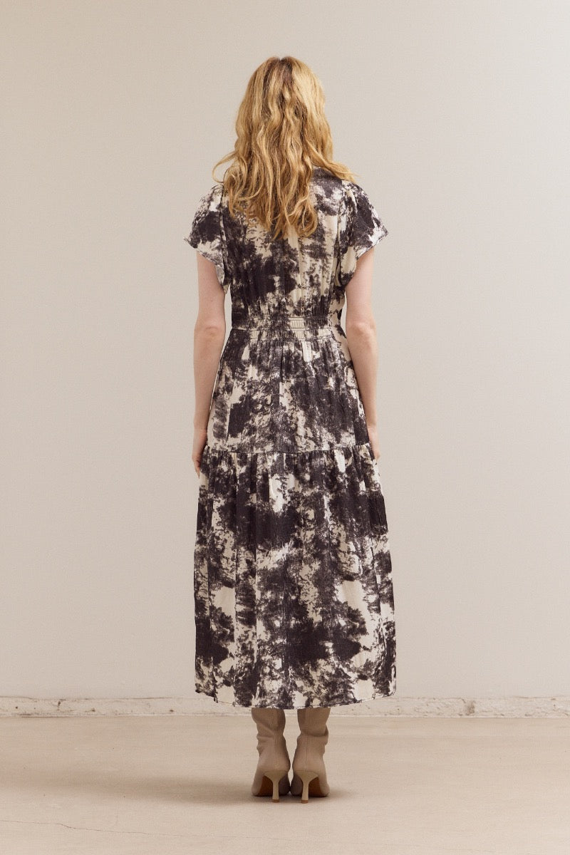 Ivory printed ruffle satin midi dress with cap sleeves and tiered design by GRADE & GATHER.