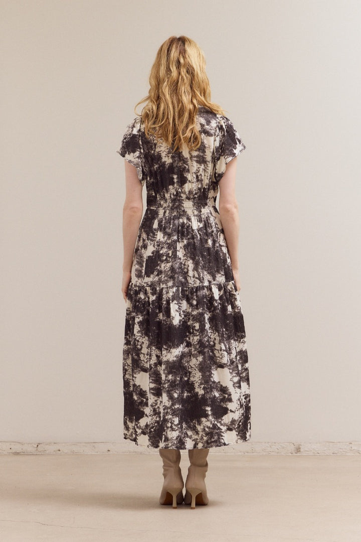 Ivory printed ruffle satin midi dress with cap sleeves and tiered design by GRADE & GATHER.