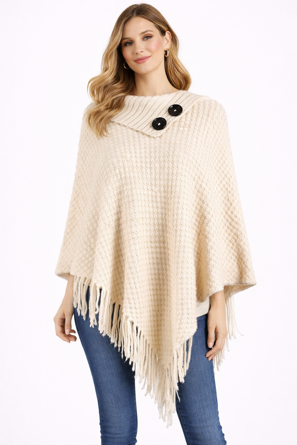 Elegant button-collar poncho in soft wool