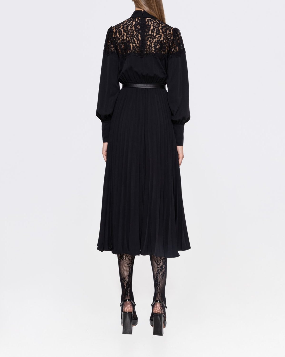 Lace Insert Pleated Midi Dress