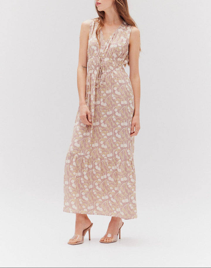 Front view of Grade & Gather Lavender Fog Sleeveless Maxi Dress featuring floral print and elastic waistband
