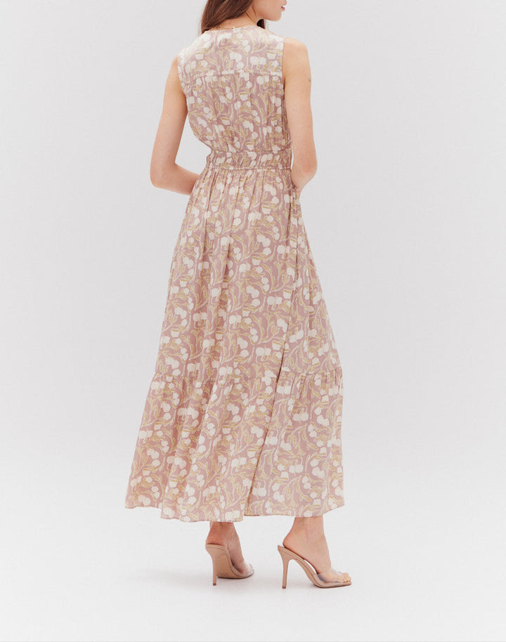 Back view of Lavender Fog Maxi Dress by Grade & Gather with tiered hem and flowy fit