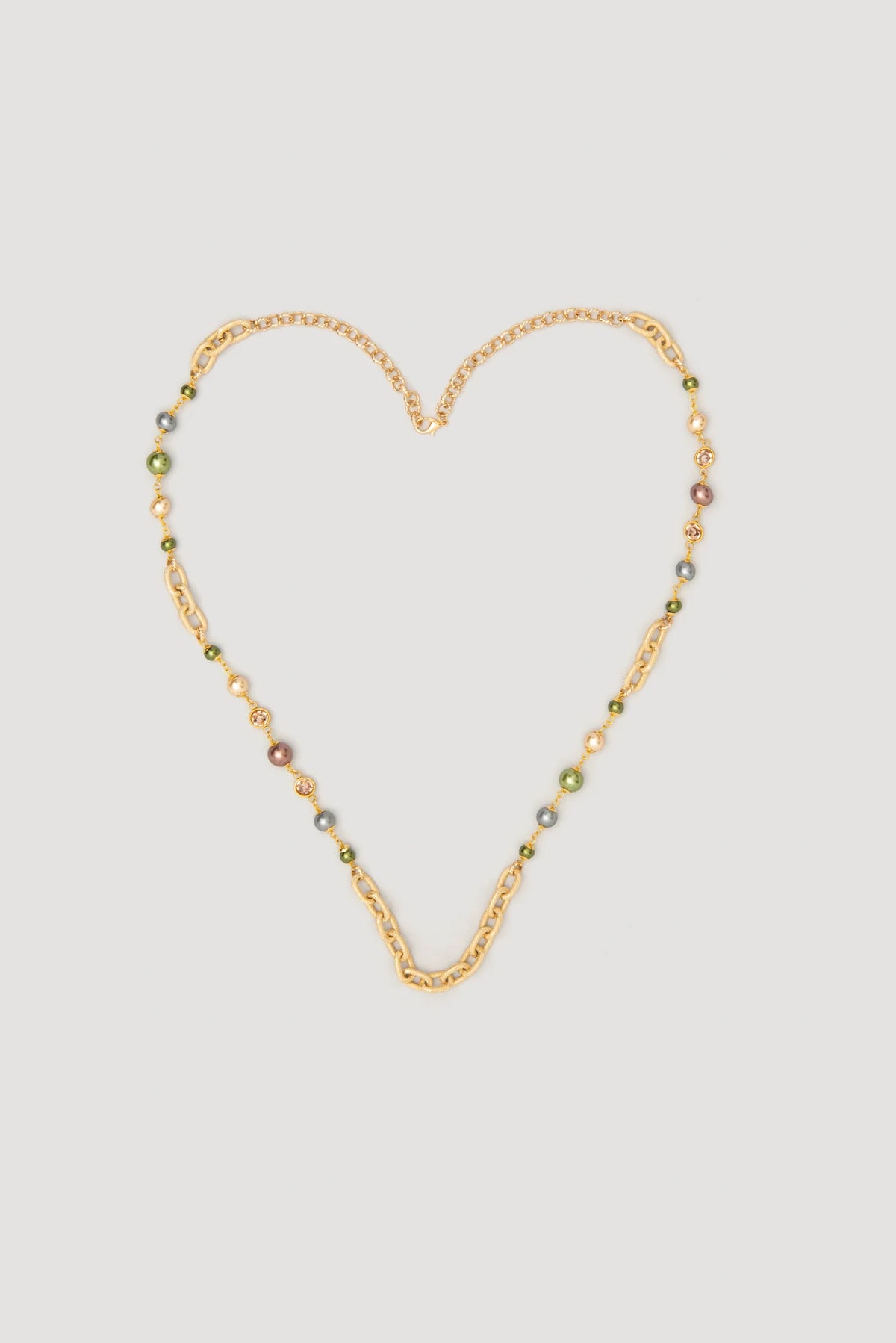WEILL Paris gold-tone long necklace with green, champagne, brown and gray pearl-look beads and a lobster clasp, laid flat.
